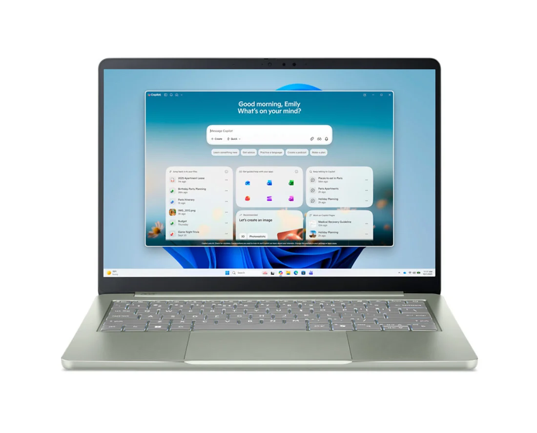 Acer Swift Air 14 — Üreticinin Sage Green SFA14-I31 görseli. Klavye düzeni A52Y’nin Japonca klavyesinden farklıdır; bellek fotoğraftan anlaşılmaz.