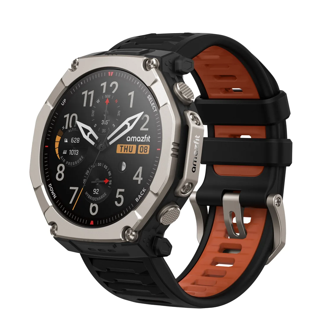 Amazfit T-Rex Ultra 2 — Amazfit'in Black Magma T-Rex Ultra 2 görseli; siyah dış ve turuncu iç yüzeyli silikon kayış.