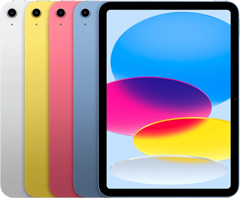 Apple iPad (10. nesil) Wi-Fi — Apple’ın teknik sayfasından Gümüş, Sarı, Pembe ve Mavi renkli iPad (10. nesil).