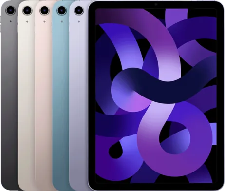 Apple iPad Air (5th generation) Wi‑Fi — Apple image of the iPad Air (5th generation) in Space Grey, Starlight, Pink, Blue and Purple.