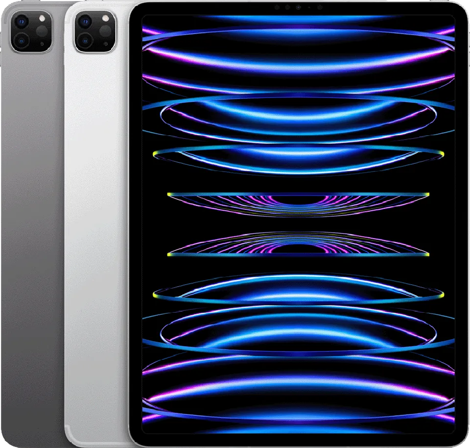 Apple iPad Pro 12,9 inç (6. nesil, M2) — Apple’ın iPad Pro 12,9 inç (6. nesil) teknik sayfasındaki görsel: Space Gray ve Silver arka yüzler ile ön ekran.