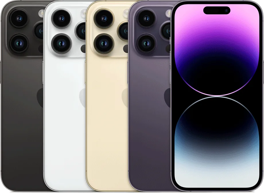 Apple iPhone 14 Pro — Apple’ın teknik özellik sayfasındaki iPhone 14 Pro görseli: Space Black, Silver, Gold ve Deep Purple renkleri, sağda ön yüz ve Dynamic Island.
