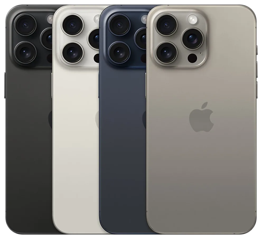 Apple iPhone 15 Pro Max — Apple’ın teknik özellik sayfasındaki iPhone 15 Pro Max görseli: Black, White, Blue ve Natural Titanium renkleri arkadan.