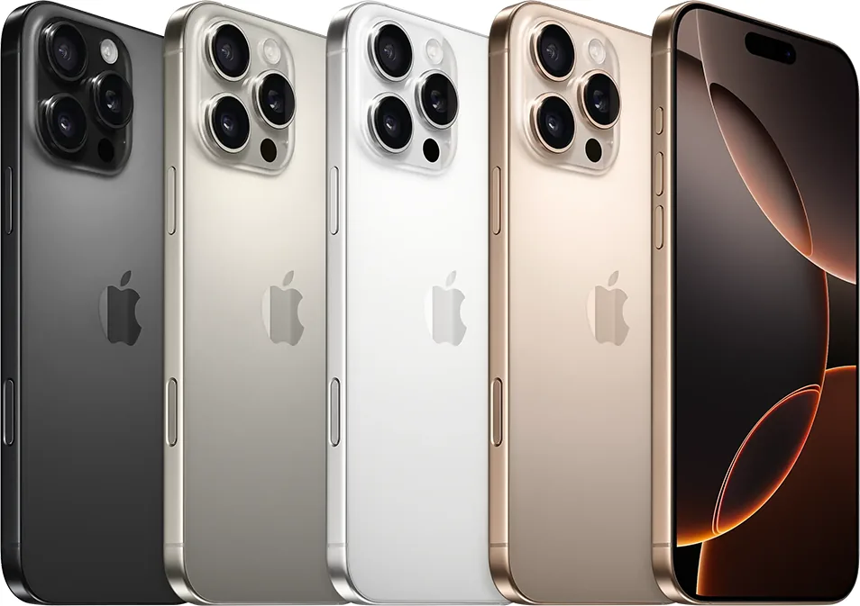 Apple iPhone 16 Pro Max — Apple’ın teknik sayfasından iPhone 16 Pro Max; Siyah, Natürel, Beyaz ve Çöl Titanyum renkler.