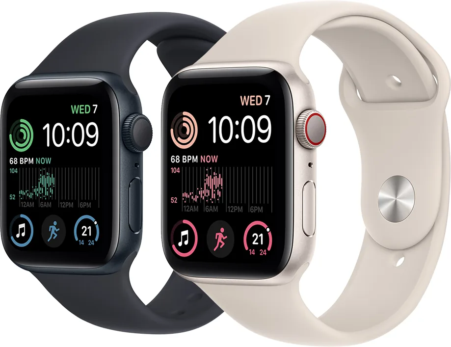 Apple Watch SE (2. nesil, 44 mm) — Apple’ın teknik sayfasından Gece Yarısı ve Yıldız Işığı renkli Apple Watch SE (2. nesil).