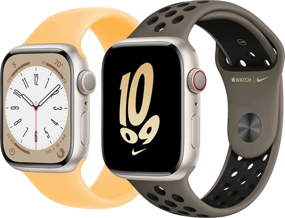 Apple Watch Series 8 (45 mm, GPS) — Apple’ın teknik özellik sayfasındaki Apple Watch Series 8 görseli: Starlight alüminyum kasa ve Nike Sport Band’li sürüm; kasa boyutu görselde belirtilmiyor.