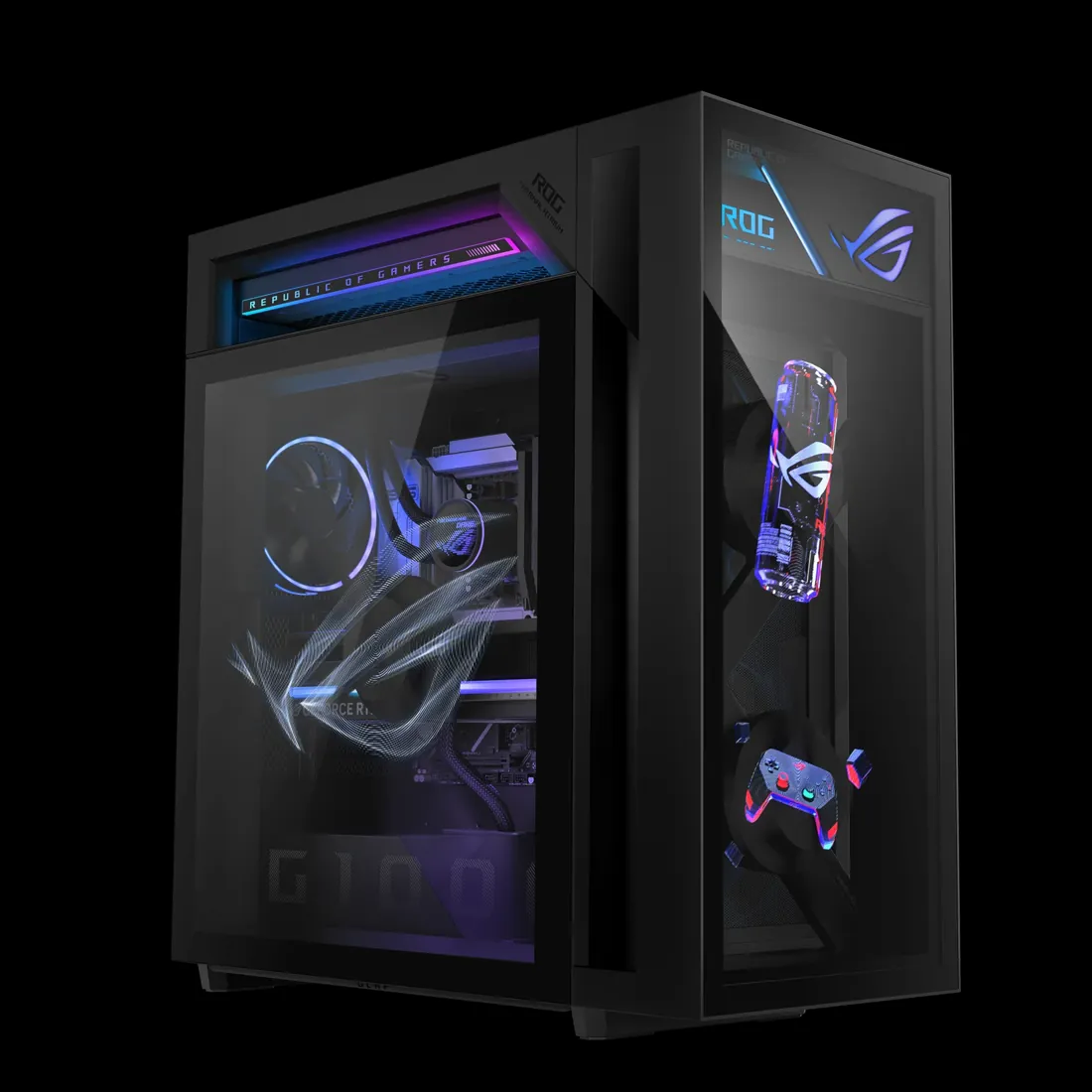 ASUS ROG G1000 (2026) — ROG G1000 ailesinin ASUS tanıtım görseli; siyah kasa, yan panelde holografik fan görüntüsü. Görsel bu SKU’ya özgü değil; içindeki parçalar ve ekran içeriği örnektir.