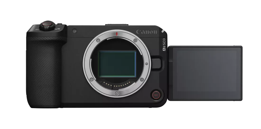 Canon EOS R6 V — Canon EOS R6 V, siyah gövde; objektifsiz, ekranı yana açılmış ön görünüm.