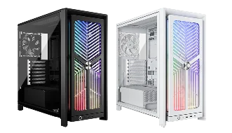 Corsair FRAME 4000X RS — Üreticinin FRAME 4000X RS görseli: solda siyah, sağda beyaz. Bu kayıt siyah CC-9011302-WW içindir.