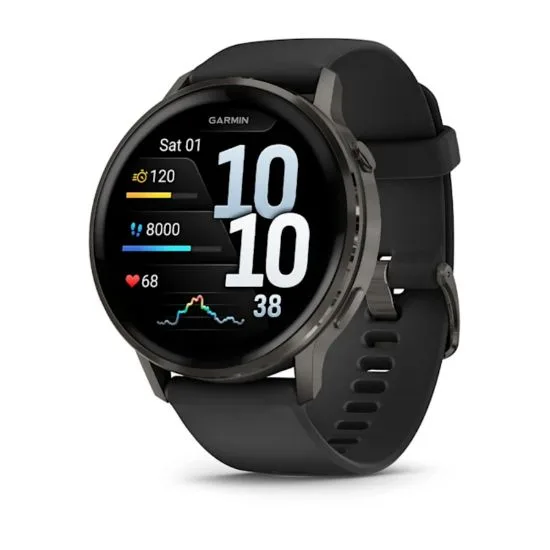 Garmin Venu 4 (45 mm) — Venu 4, 45 mm, Slate kasa ve siyah silikon kayış (010-03014-00).