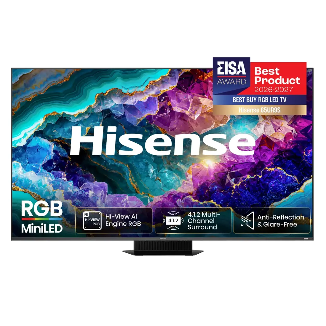 Hisense UR9S 65 inç — Hisense 65UR9S ön görünüm; üretici galerisi. Görüntüde ekran içeriği, EISA ödül rozeti ve özellik kutuları üreticinin tanıtım düzenine ait.