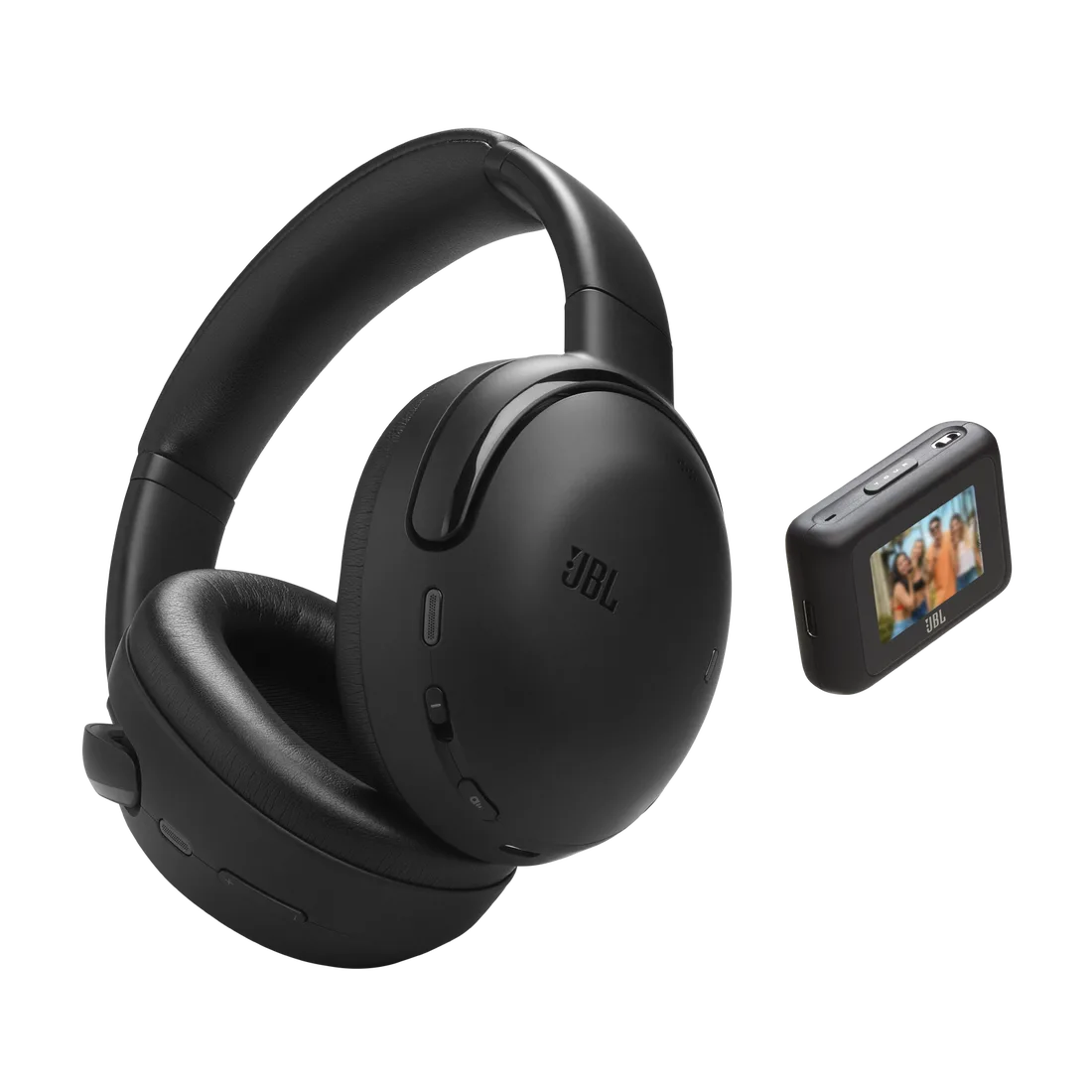 JBL Tour One M3 Smart Tx — Siyah JBL Tour One M3 kulaklık ve ekranlı Smart Tx vericisi.