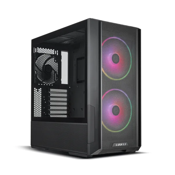 Lian Li LANCOOL 216 RGB — Lian Li’nin LANCOOL 216 RGB siyah sürüm görseli, önden ve cam yan panelden.
