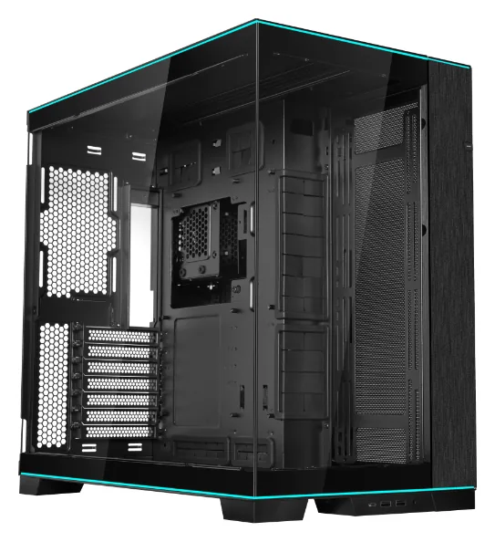 Lian Li O11 Dynamic EVO RGB — Lian Li’nin siyah O11D EVO RGB kasası; üst ve alt ARGB şeritler yanık.