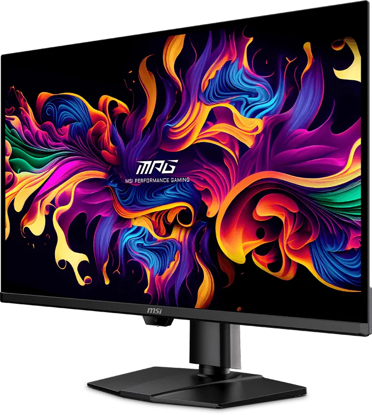 MSI MPG 322UR QD-OLED X24 — MSI'ın siyah MPG 322UR QD-OLED X24 monitörü; eğik ön görünüm.