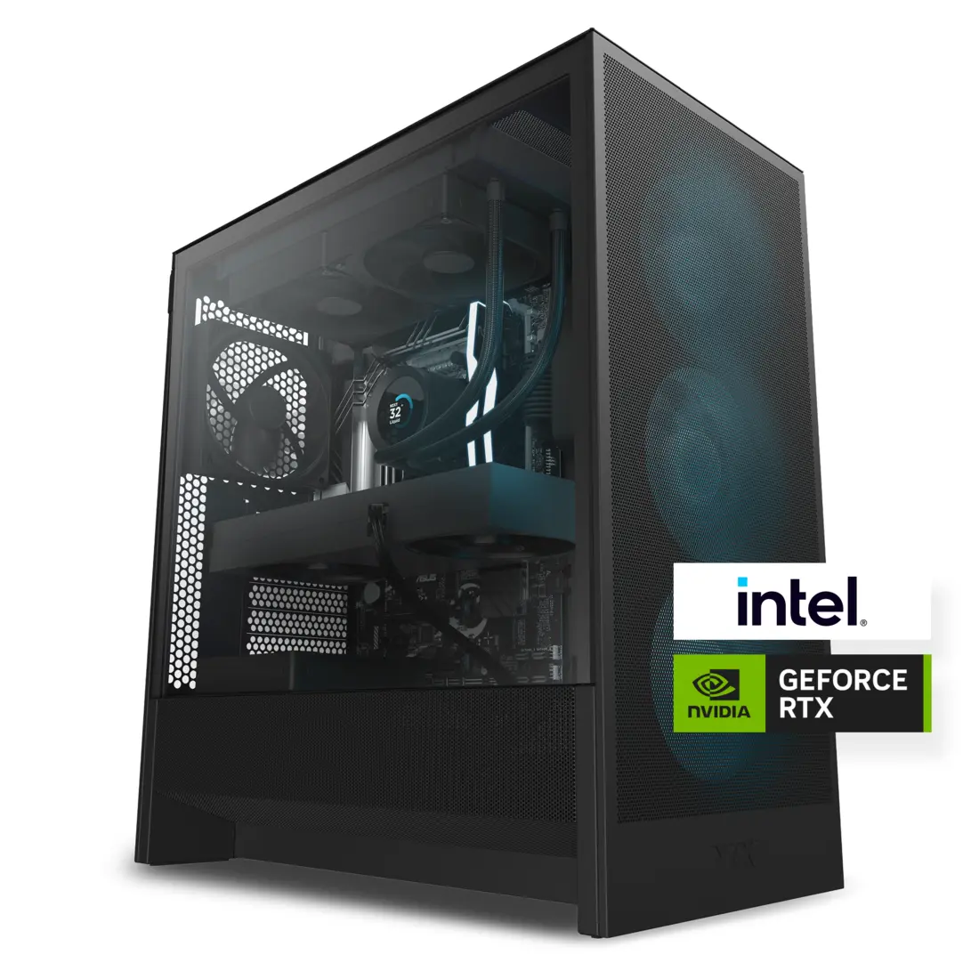 NZXT Player Two — NZXT Player Two, siyah H5 Flow kasa. Üreticinin model sayfası görseli; sistem tek renk seçeneğiyle gösterilir, iç parçalar örnektir.