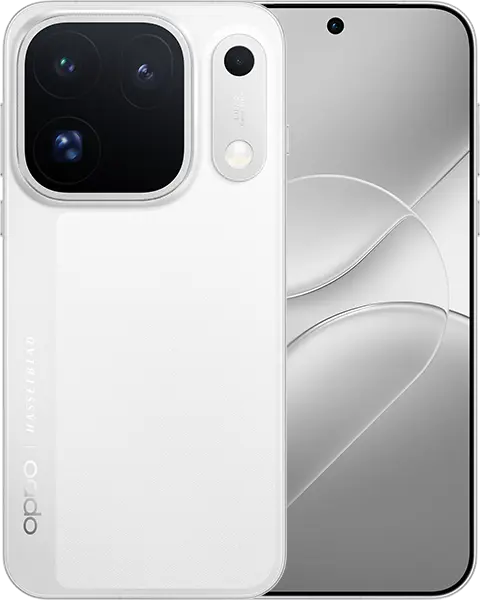 OPPO Find X10 Pro Max — Luna White renkli OPPO Find X10 Pro Max: arka yüzde üç kameralı modül ve ön ekran. Üreticinin ürün listesi görseli.